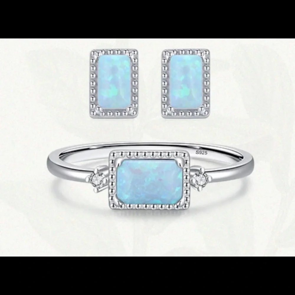 🌟HP🌟New 925 Sterling Silver Jewelry Set Natural Opal Ring & Earrings size7 - Picture 8 of 15